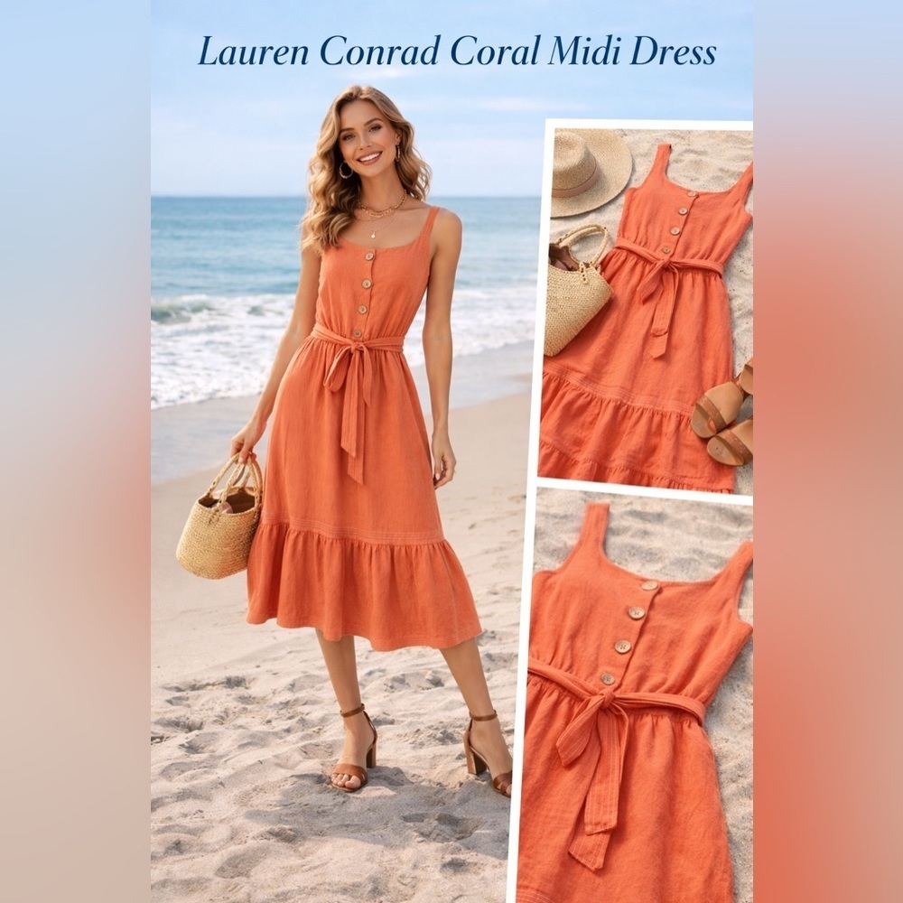 Lauren Conrad Coral Midi SunDress Button Front Tie Waist Coastal Summer Flowy XL